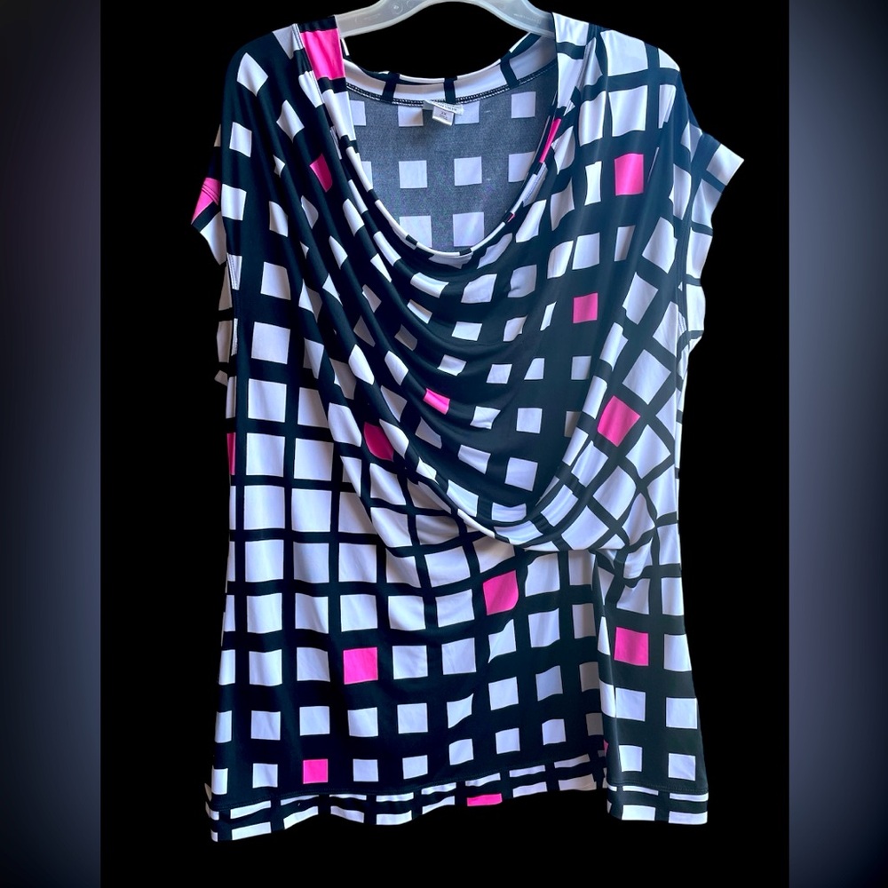 Worthington Womens Black Square Print Cap Sleeve Shirt Size 2X